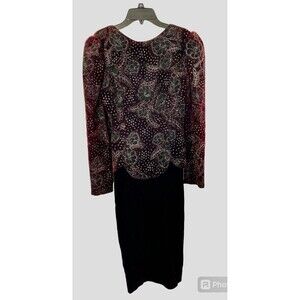 Vtg Scott McClintock Burgundy Velvet Gold Green glitter Long Puff Slv Midi Dress